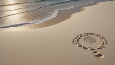 solo,outdoors,water,no humans,shadow,ocean,beach,scenery,reflection,brown background,sunset,sand,horizon,shore,desert,simple background,white background,artist name,signature,ripples,waves,brown theme,still life