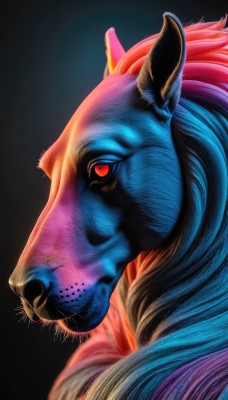 solo,looking at viewer,simple background,red eyes,1boy,closed mouth,male focus,horns,from side,no humans,profile,animal,black background,portrait,furry,realistic,furry male,animal focus,whiskers,animal ears,blue hair,pokemon (creature),colored skin,colored sclera,blue skin