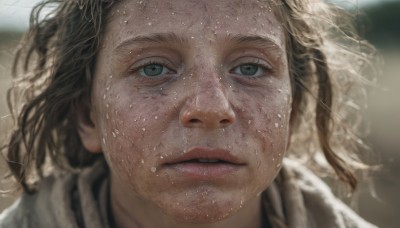 1girl,solo,looking at viewer,short hair,brown hair,green eyes,parted lips,teeth,blurry,lips,wet,depth of field,blurry background,portrait,close-up,freckles,realistic,nose,wet hair,dirty,blonde hair,scarf,eyelashes,messy hair,dirty face