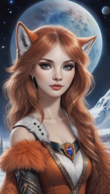 1girl,solo,long hair,breasts,looking at viewer,smile,blue eyes,brown hair,dress,animal ears,cleavage,bare shoulders,jewelry,medium breasts,collarbone,upper body,earrings,sky,artist name,cat ears,lips,grey eyes,fur trim,fox ears,eyelashes,makeup,night,wavy hair,moon,lipstick,gem,star (sky),night sky,full moon,starry sky,freckles,red lips,bangs,closed mouth,red hair,orange hair,parted bangs,watermark,wolf ears,zipper,realistic,nose