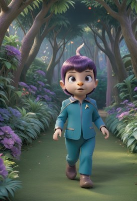 solo,looking at viewer,smile,short hair,open mouth,bangs,long sleeves,1boy,brown eyes,standing,jacket,full body,purple hair,flower,male focus,outdoors,parted lips,shoes,day,pants,artist name,tree,petals,bird,leaf,brown footwear,grass,blue jacket,child,nature,forest,walking,purple flower,blue pants,bush,male child,path,school uniform,ahoge,boots,bowl cut