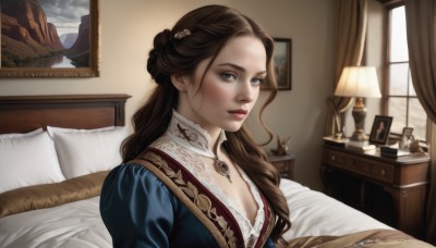 1girl,solo,long hair,breasts,looking at viewer,blue eyes,brown hair,hair ornament,dress,cleavage,jewelry,sitting,upper body,indoors,necklace,hair bun,lips,pillow,window,bed,blue dress,on bed,curtains,gem,realistic,nose,lamp,picture frame,painting (object),portrait (object),medium breasts,braid,earrings,lace trim,lace