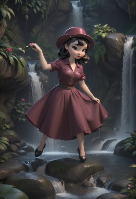 1girl,solo,breasts,looking at viewer,smile,short hair,blue eyes,black hair,hat,dress,holding,medium breasts,standing,full body,flower,short sleeves,outdoors,parted lips,shoes,belt,medium hair,water,black footwear,black eyes,lips,buttons,red dress,plant,pink dress,nature,red headwear,wading,curly hair,rock,skirt hold,holding flower,waterfall,blush,bangs,brown hair,pink flower,collared dress,red lips