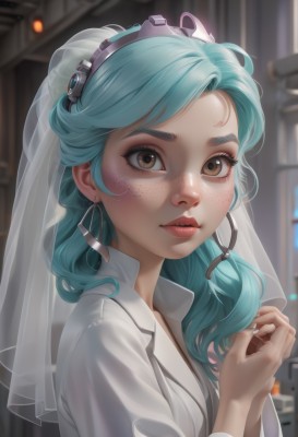 1girl,solo,long hair,looking at viewer,shirt,brown eyes,jewelry,blue hair,white shirt,upper body,hairband,earrings,parted lips,artist name,indoors,blurry,lips,eyelashes,aqua hair,makeup,depth of field,blurry background,watermark,tiara,veil,web address,headset,freckles,hoop earrings,realistic,labcoat,bridal veil,bangs,green hair,nail polish,nose