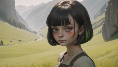 1girl,solo,looking at viewer,short hair,bangs,brown hair,shirt,black hair,brown eyes,closed mouth,white shirt,upper body,multicolored hair,outdoors,green hair,day,blunt bangs,lips,streaked hair,makeup,facial mark,bob cut,suspenders,grass,mountain,nose,overalls,facepaint,field,mountainous horizon,jewelry,earrings,portrait,scenery,landscape,mascara,hill