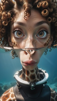 1girl,solo,looking at viewer,short hair,brown hair,brown eyes,closed mouth,tongue,artist name,dark skin,tongue out,water,dark-skinned female,lips,sunlight,portrait,partially submerged,reflection,curly hair,underwater,nose,air bubble,submerged,partially underwater shot,hair ornament,eyelashes,watermark,close-up,realistic