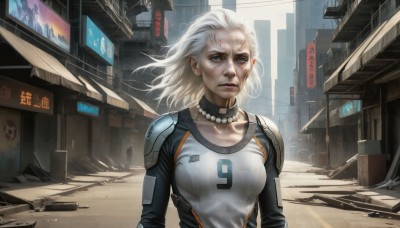 HQ,1girl,solo,breasts,short hair,blue eyes,jewelry,medium breasts,collarbone,upper body,white hair,outdoors,choker,necklace,armor,lips,grey eyes,bodysuit,wind,shoulder armor,building,science fiction,pauldrons,serious,city,sign,realistic,nose,road,shoulder pads,dirty,street,pearl necklace,cyberpunk,looking at viewer,blonde hair,makeup,lipstick,injury,cityscape,skyscraper,dirty face