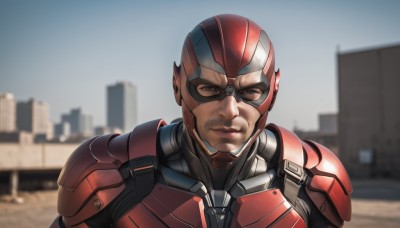 solo,looking at viewer,smile,1boy,brown eyes,closed mouth,upper body,male focus,outdoors,armor,blurry,bodysuit,mask,blurry background,helmet,building,portrait,science fiction,city,realistic,superhero,red bodysuit,power armor,sky,day,black eyes,lips,cityscape,straight-on,red armor