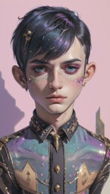 solo,looking at viewer,short hair,bangs,blue eyes,simple background,shirt,black hair,1boy,jewelry,closed mouth,upper body,male focus,earrings,collared shirt,star (symbol),lips,eyelashes,makeup,buttons,shadow,piercing,pink background,portrait,eyeshadow,freckles,realistic,nose,mascara,hair ornament,jacket,necktie,shiny,artist name,cross,eyeliner,constellation