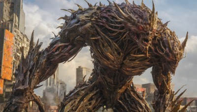 solo,open mouth,red eyes,tail,outdoors,horns,sky,teeth,day,cloud,no humans,glowing,cloudy sky,robot,sharp teeth,building,glowing eyes,claws,spikes,science fiction,monster,city,giant,extra eyes,skyscraper,kaijuu,wings,blue sky,smoke,fantasy,dragon