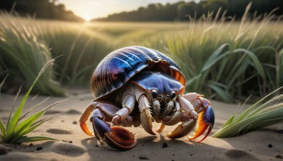 HQ,solo,full body,outdoors,day,blurry,pokemon (creature),no humans,sunlight,grass,bug,robot,claws,realistic,sand,standing,shadow,animal,scenery,sun,animal focus,crab