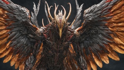 solo,1boy,male focus,wings,horns,armor,no humans,halo,helmet,black background,shoulder armor,feathered wings,black wings,monster,full armor,multiple wings,spread wings,large wings,simple background,upper body,glowing,facing viewer,skull