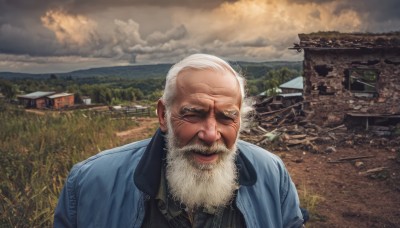 solo,shirt,1boy,jacket,upper body,white hair,male focus,outdoors,sky,day,cloud,tree,facial hair,cloudy sky,blue jacket,building,beard,realistic,mustache,bald,manly,house,old,old man,wrinkled skin,looking at viewer,smile,closed eyes,signature,black shirt,parody,grass,blue shirt,scenery,facing viewer,mountain,field