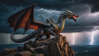 solo,open mouth,red eyes,tail,outdoors,wings,sky,teeth,cloud,water,no humans,glowing,ocean,fangs,cloudy sky,sharp teeth,glowing eyes,claws,monster,rock,mountain,dragon,scales,lightning,kaijuu,scenery,rain,electricity,cliff