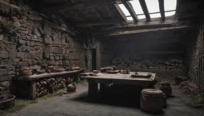 outdoors,day,indoors,military,no humans,window,ground vehicle,scenery,motor vehicle,ruins,barrel,crate,drum (container),table,sunlight,grass,plant,potted plant,wall,brick wall,brick