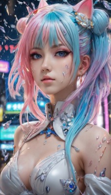 1girl,solo,long hair,breasts,looking at viewer,bangs,blue eyes,hair ornament,dress,animal ears,cleavage,bare shoulders,twintails,jewelry,medium breasts,closed mouth,blue hair,upper body,pink hair,multicolored hair,earrings,parted lips,detached sleeves,artist name,cat ears,hair bun,white dress,mole,blurry,two-tone hair,lips,eyelashes,mole under eye,double bun,aqua hair,gradient hair,makeup,blurry background,gem,eyeshadow,crystal,realistic,nose,eyeliner,mascara,sidelocks,small breasts,streaked hair,detached collar,freckles,rain,water drop