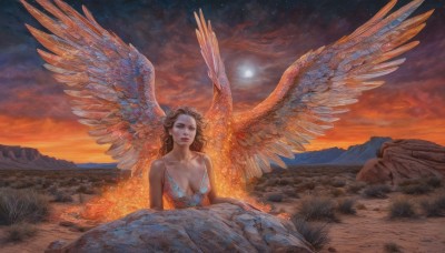 1girl,solo,long hair,breasts,looking at viewer,blue eyes,brown hair,dress,cleavage,bare shoulders,medium breasts,sitting,collarbone,outdoors,wings,sky,cloud,lips,wavy hair,feathers,star (sky),scenery,feathered wings,sunset,angel wings,rock,mountain,fantasy,sun,angel,spread wings,green eyes,upper body,moon,realistic,large wings