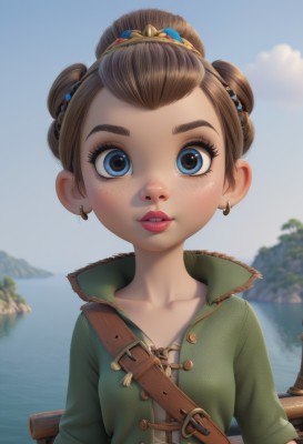 1girl,solo,looking at viewer,short hair,blue eyes,brown hair,hair ornament,jewelry,collarbone,upper body,earrings,outdoors,parted lips,sky,day,water,hair bun,blurry,blue sky,lips,blurry background,ocean,single hair bun,child,freckles,mountain,green shirt,female child,lake,jacket,open clothes,teeth,belt,cloud,flat chest,tree,eyelashes,thick eyebrows,forehead,nose,strap,updo