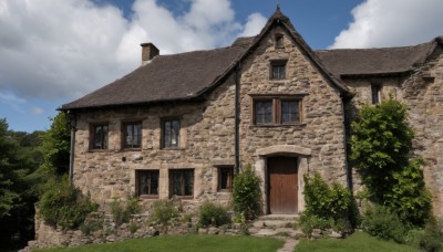 outdoors,sky,day,cloud,tree,blue sky,no humans,window,cloudy sky,grass,building,nature,scenery,door,bush,wall,ruins,house,plant,forest,rock,path,stone,stone wall,chimney