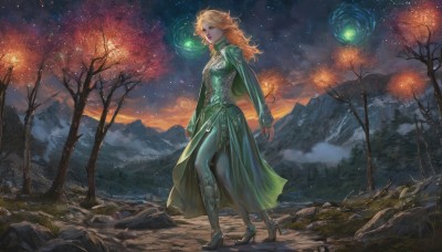 1girl,solo,long hair,breasts,blue eyes,blonde hair,thighhighs,long sleeves,dress,cleavage,medium breasts,standing,full body,boots,outdoors,sky,cloud,cape,high heels,tree,lips,makeup,night,lipstick,star (sky),nature,night sky,scenery,forest,starry sky,green dress,rock,mountain,fantasy,magic,looking at viewer,orange hair,corset,curly hair,bare tree