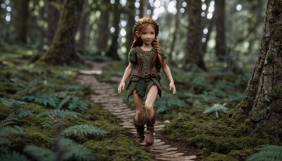 1girl,solo,long hair,looking at viewer,smile,blue eyes,brown hair,dress,standing,braid,short sleeves,boots,outdoors,belt,orange hair,blurry,twin braids,tree,depth of field,blurry background,brown footwear,grass,nature,forest,walking,bubble,fantasy,arms at sides,path,open mouth,red hair,pointy ears,plant,scenery