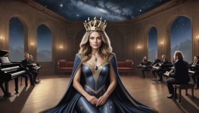 1girl,long hair,breasts,looking at viewer,blue eyes,blonde hair,brown hair,dress,cleavage,jewelry,medium breasts,sitting,multiple boys,sky,solo focus,indoors,necklace,star (symbol),cape,lips,night,blue dress,shadow,watermark,chair,formal,own hands together,suit,tiara,crown,instrument,star (sky),night sky,starry sky,6+boys,wooden floor,music,playing instrument,blue cape,piano,hands on lap,grand piano,artist name,web address,pendant,realistic,candle