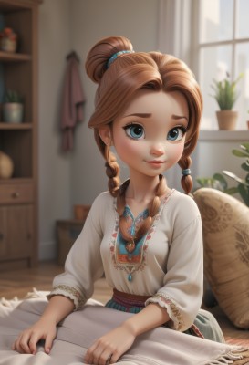 1girl,solo,long hair,looking at viewer,smile,blue eyes,brown hair,hair ornament,long sleeves,jewelry,closed mouth,upper body,braid,earrings,day,indoors,necklace,hair bun,blurry,twin braids,lips,pillow,book,eyelashes,window,bed,depth of field,blurry background,table,single hair bun,aged down,plant,curtains,child,hair over shoulder,freckles,open book,blanket,basket,female child,potted plant,cabinet,breasts,shirt,dress,sitting,collarbone,white shirt,small breasts,artist name,signature,fingernails,parted bangs,thick eyebrows,forehead,nose,vase,flower pot