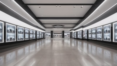 monochrome,indoors,no humans,window,scenery,reflection,door,tiles,tile floor,horror (theme),ceiling,hallway,ceiling light,reflective floor,looking at viewer,multiple girls,6+girls,monster,wooden floor