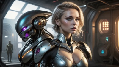 HQ,1girl,breasts,looking at viewer,short hair,blue eyes,blonde hair,large breasts,1boy,cleavage,medium breasts,upper body,solo focus,armor,lips,clothing cutout,bodysuit,makeup,glowing,cleavage cutout,helmet,robot,eyeshadow,science fiction,realistic,nose,cyborg,power armor,power suit,multiple girls,2girls,purple eyes,indoors,lipstick,mecha,glowing eyes,alien,cyberpunk