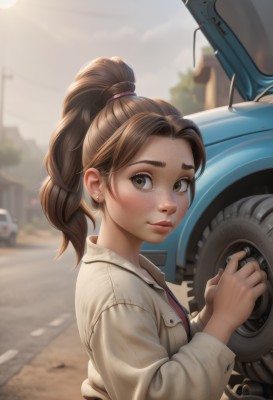 1girl,solo,long hair,looking at viewer,blush,smile,brown hair,shirt,long sleeves,brown eyes,jewelry,closed mouth,jacket,upper body,ponytail,earrings,outdoors,day,artist name,blurry,from side,lips,depth of field,blurry background,ground vehicle,motor vehicle,freckles,nose,car,stud earrings,road,thick eyebrows,realistic,hair tie