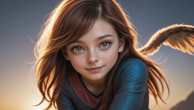 1girl,solo,long hair,looking at viewer,smile,bangs,brown hair,shirt,long sleeves,brown eyes,closed mouth,upper body,wings,sky,blurry,lips,eyelashes,swept bangs,blue shirt,feathered wings,backlighting,freckles,angel wings,realistic,nose,outdoors,makeup,leaning forward,depth of field,blurry background,messy hair,pink lips