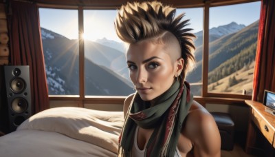 1girl,solo,looking at viewer,short hair,blonde hair,brown hair,black hair,1boy,brown eyes,upper body,male focus,multicolored hair,day,indoors,scarf,lips,pillow,window,bed,sunlight,tank top,curtains,spiked hair,mountain,realistic,nose,undercut,mohawk,sunrise,sun,speaker