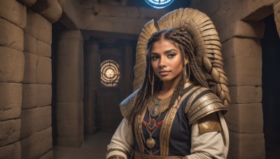 1girl,solo,long hair,looking at viewer,smile,brown hair,black hair,long sleeves,brown eyes,jewelry,upper body,braid,earrings,parted lips,indoors,dark skin,necklace,armor,dark-skinned female,lips,watermark,sunlight,realistic,nose,headdress,pillar,multiple braids,hair ornament,closed mouth,multicolored hair,two-tone hair,makeup,hair tubes,forehead,dreadlocks