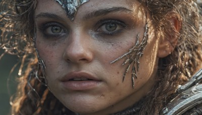 1girl,solo,long hair,looking at viewer,blonde hair,brown hair,brown eyes,parted lips,teeth,armor,mole,lips,eyelashes,portrait,close-up,freckles,reflection,curly hair,circlet,realistic,nose,blood,injury,dirty,dirty face