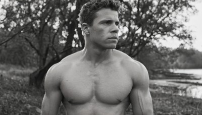 solo,short hair,1boy,closed mouth,nipples,monochrome,upper body,flower,greyscale,male focus,nude,outdoors,blurry,tree,looking to the side,muscular,facial hair,abs,pectorals,muscular male,bara,freckles,large pectorals,topless male,realistic,stubble,day,mole,completely nude,blurry background