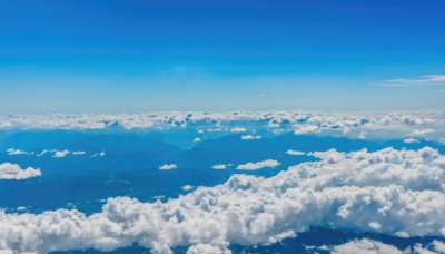 monochrome,outdoors,sky,day,cloud,blue sky,no humans,cloudy sky,nature,scenery,blue theme,mountain,horizon,landscape,above clouds