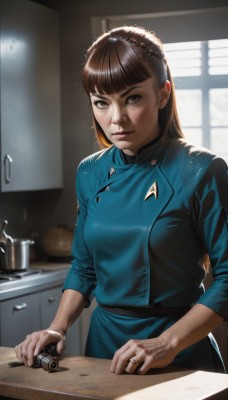 1girl,solo,long hair,breasts,looking at viewer,bangs,brown hair,dress,brown eyes,jewelry,standing,jacket,parted lips,indoors,blunt bangs,blurry,lips,window,blurry background,blue dress,ring,freckles,realistic,nose,kitchen,sink,faucet,cutting board,medium breasts,uniform,apron,sunlight,knife,backlighting,cooking,kitchen knife