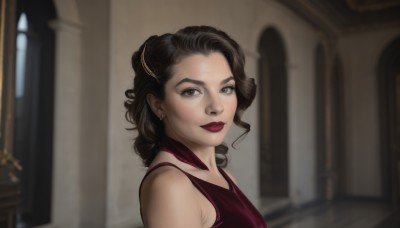 1girl,solo,looking at viewer,smile,short hair,brown hair,black hair,hair ornament,dress,brown eyes,jewelry,upper body,earrings,indoors,blurry,lips,makeup,blurry background,red dress,lipstick,purple dress,curly hair,realistic,red lips,long hair,bare shoulders,portrait,freckles