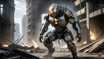 HQ,solo,standing,outdoors,no humans,glowing,fire,robot,building,mecha,glowing eyes,claws,science fiction,city,realistic,cable,ruins,damaged,open hands,power armor,debris,1boy,sky,armor,orange eyes,military,military vehicle