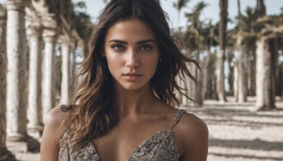 1girl,solo,long hair,looking at viewer,blue eyes,brown hair,black hair,dress,bare shoulders,collarbone,upper body,outdoors,day,dark skin,mole,blurry,dark-skinned female,lips,depth of field,blurry background,freckles,realistic,nose,breasts,cleavage,brown eyes,medium breasts,closed mouth,portrait,mole on breast