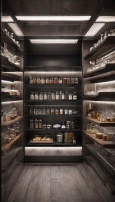 food,indoors,cup,no humans,bottle,scenery,alcohol,drinking glass,wooden floor,shelf,jar,bar (place),counter,ceiling light,whiskey,bread,shop,ceiling,pastry