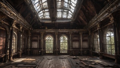 day,indoors,tree,dutch angle,no humans,window,sunlight,plant,scenery,light rays,stairs,fantasy,door,architecture,ruins,pillar,church,arch,column,vanishing point,wooden floor,tile floor,floor,ceiling