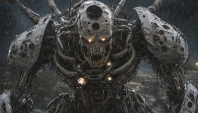 solo,looking at viewer,upper body,teeth,orange eyes,no humans,glowing,robot,building,mecha,glowing eyes,machinery,science fiction,rain,city,realistic,cable,damaged,weapon,blurry,military,skull,monster,military vehicle