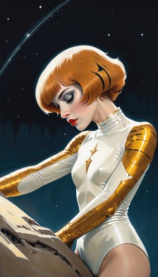 1girl,solo,breasts,short hair,bangs,brown hair,closed eyes,small breasts,sky,shiny,orange hair,leotard,lips,makeup,bob cut,lipstick,star (sky),eyeshadow,starry sky,white leotard,red lips,eyeliner,space,spacecraft,jewelry,earrings,covered nipples,from side,night,skin tight,freckles,science fiction,realistic,nose