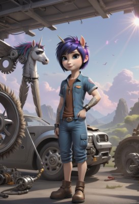 1girl,solo,looking at viewer,smile,short hair,blue eyes,shirt,animal ears,blue hair,standing,jacket,full body,purple hair,short sleeves,boots,outdoors,open clothes,horns,sky,day,belt,pants,artist name,cloud,signature,blue sky,lips,bird,watermark,brown footwear,horse ears,denim,ground vehicle,wristband,web address,motor vehicle,single horn,buckle,personification,hand in pocket,mountain,sun,car,motorcycle,horse,unicorn,1boy,jewelry,male focus,hairband,necklace,vest,tree,hand on hip,tattoo,sunlight,grass,light rays,pegasus