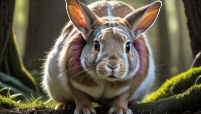 HQ,solo,looking at viewer,blue eyes,closed mouth,full body,outdoors,day,signature,blurry,tree,no humans,depth of field,blurry background,animal,sunlight,cat,grass,plant,nature,forest,realistic,animal focus,whiskers,moss,standing,pokemon (creature),rabbit