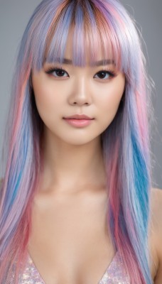 1girl,solo,long hair,breasts,looking at viewer,smile,bangs,simple background,cleavage,bare shoulders,brown eyes,medium breasts,closed mouth,blue hair,collarbone,swimsuit,upper body,pink hair,bikini,multicolored hair,blunt bangs,grey background,two-tone hair,lips,eyelashes,gradient hair,makeup,realistic,nose,artist name,watermark,portrait