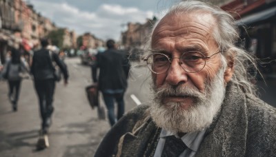 looking at viewer,shirt,1boy,closed mouth,jacket,white shirt,white hair,male focus,outdoors,multiple boys,necktie,sky,glasses,solo focus,day,collared shirt,cloud,blurry,black jacket,depth of field,blurry background,facial hair,formal,suit,building,black necktie,beard,walking,6+boys,city,realistic,round eyewear,mustache,bald,old,old man,crowd,upper body,blue sky,lips,cloudy sky,wind,road