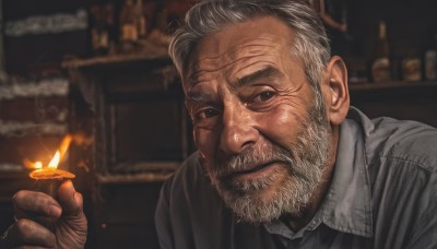 solo,looking at viewer,short hair,shirt,1boy,holding,closed mouth,upper body,white hair,grey hair,male focus,necktie,collared shirt,indoors,blurry,black eyes,blurry background,facial hair,scar,fire,portrait,beard,realistic,mustache,candle,manly,old,old man,wrinkled skin,white shirt,hand up,signature,depth of field,bottle,wing collar,black necktie,alcohol,smoke,cigarette,smoking,flame,holding cigarette,bar (place),cigar,lighter