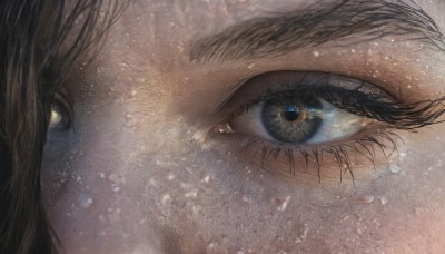 1girl,solo,looking at viewer,bangs,blue eyes,brown hair,black hair,1boy,yellow eyes,eyelashes,light particles,close-up,reflection,realistic,eye focus,freckles,snowing